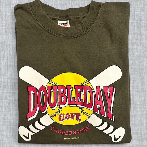 Vintage DoubleDay Cafe Shirt Cooperstown New York Baseball | Mens Green Large - Picture 3 of 3